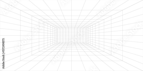 Empty futuristic digital box room white background with black grid space line color surface. Network cyber technology. banner, cover, terrain, sci-fi, wireframe, and related to background.