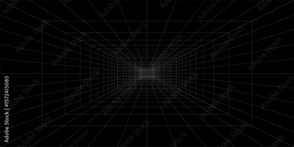 Naklejka premium Empty futuristic digital box room grey-black background with white grid space line color surface. Network cyber technology. banner, cover, terrain, sci-fi, wireframe, and related to background.