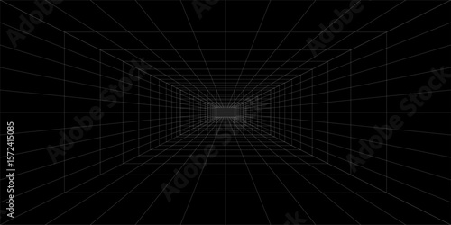 Empty futuristic digital box room grey-black background with white grid space line color surface. Network cyber technology. banner, cover, terrain, sci-fi, wireframe, and related to background.
