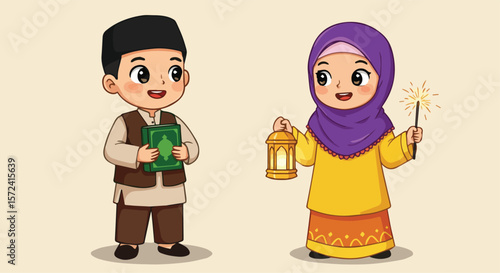 Cute Muslim Kids Celebrating Eid with Sparklers and Quran

