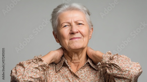 Elderly woman showing limited shoulder mobility with grimace.