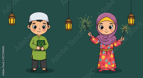Cute Muslim Kids Celebrating Eid with Sparklers and Quran

