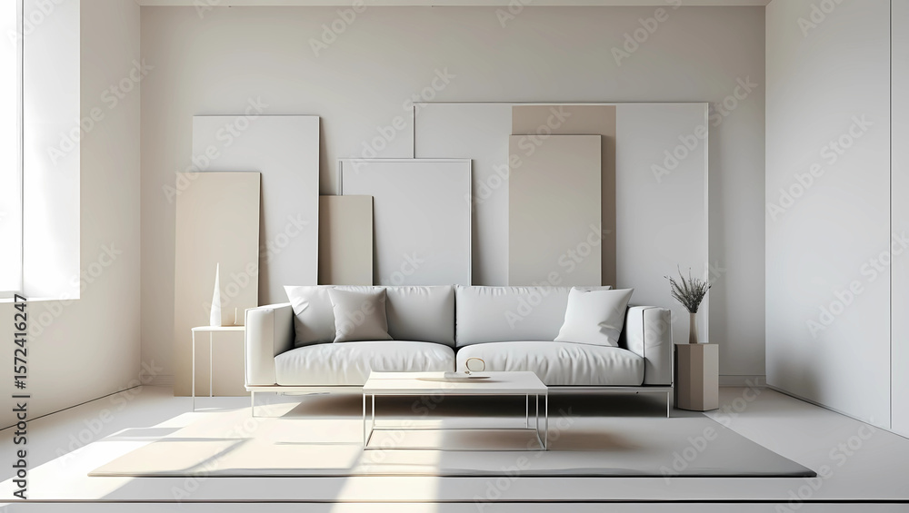 Fototapeta premium Tranquil Minimalist Home Decor, High-Resolution Modern Home Setup, Neutral Tones in Minimalist Decor, Background of beautifull room, living room, generative ai