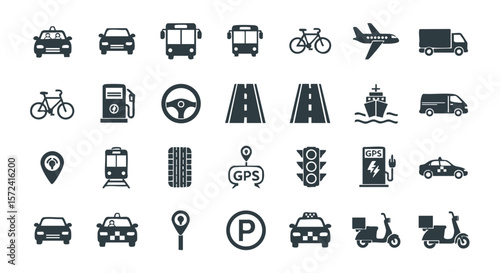 Collection of transportation and navigation icons including cars buses bikes planes and ships