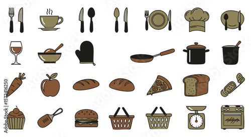 Collection of food and kitchen utensils icons in flat design style