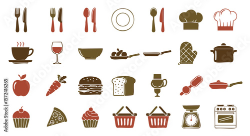 Collection of cooking and dining icons including cutlery chef hats food and kitchenware