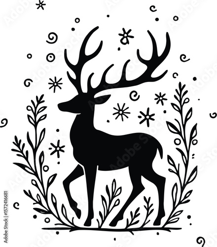 Vector art of silhouette of a majestic deer with large antlers standing among plants and wheat stalks isolated on white background