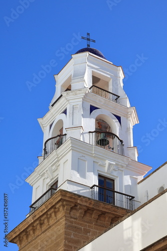 The Bell Tower of San Agustin Church in Cadiz.  The bell tower above the church of San Agustin in Cadiz, Spain.  The church forms a part of the former Convent of San Agustín.