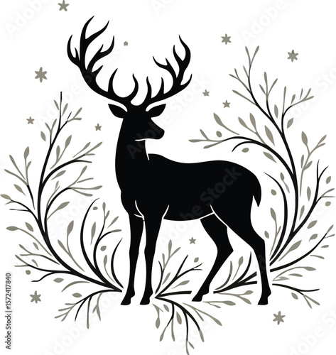 Vector art of silhouette stag with large antlers in a wintery scene, isolated on white background