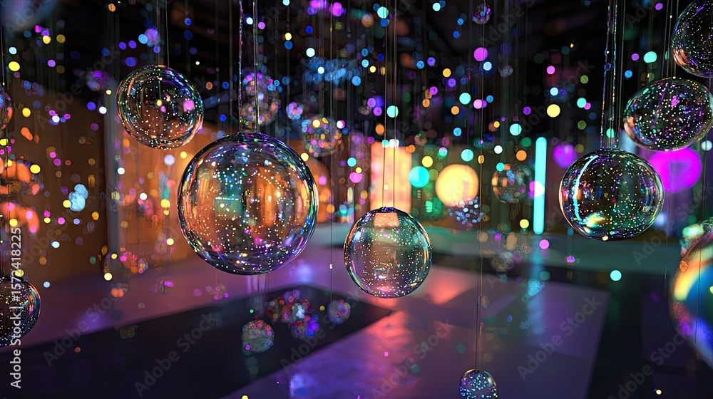 Obraz premium Colorful luminous spheres hanging in a vibrant indoor space.