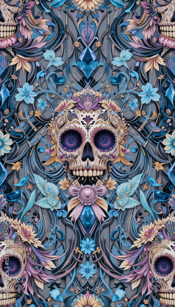 Fototapeta premium seamless luxury crystal colored Día de Muertos pattern with clear lines.