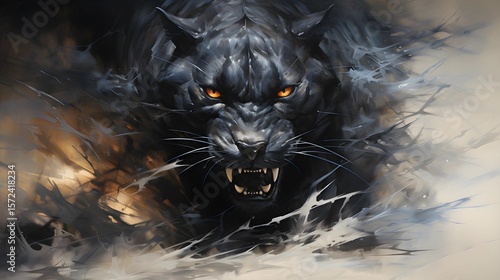 A black panther with blazing orange eyes reveals its fangs in an aggressive pose.