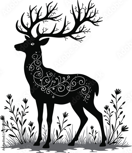 Vector art of silhouette of a majestic deer with ornate antlers standing in a field of wildflowers isolated on white background
