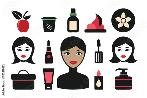 Comprehensive collection of essential beauty and skin care graphical elements for user interface design presented in a clean modern aesthetic with distinct color accents