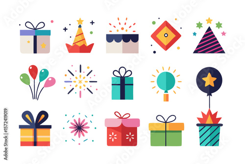 A vibrant collection of colorful graphic elements representing gifts and delightful surprises perfect for celebratory and special occasion designs