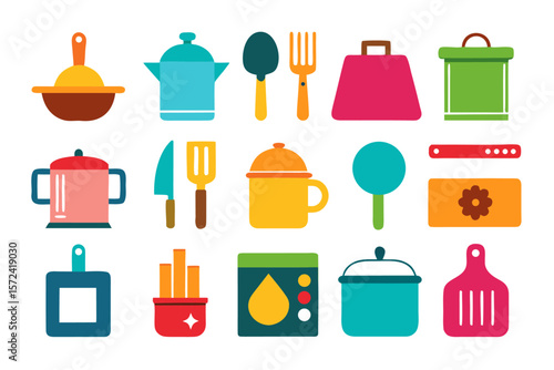 Comprehensive collection of vibrant kitchen and cooking themed graphical elements perfect for culinary branding and digital applications presented in a cohesive set