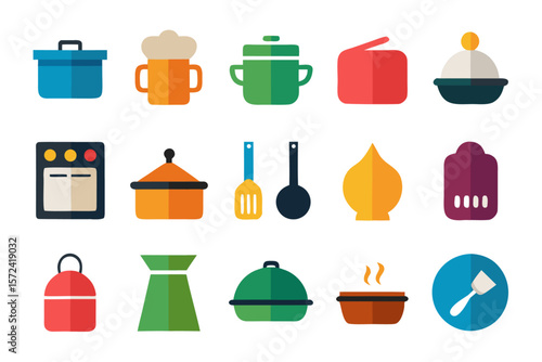 A vibrant collection of colorful kitchen and cooking themed graphic elements perfect for culinary websites recipe blogs and restaurant branding showcasing various food preparation tools and utensils