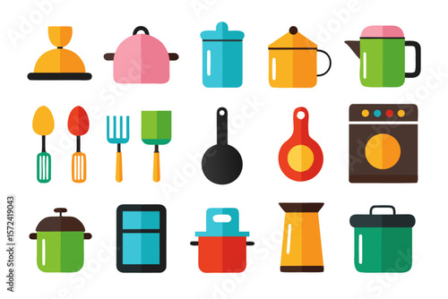 Comprehensive collection of culinary and kitchen related symbols featuring a vibrant palette of black yellow cyan and magenta for diverse design applications