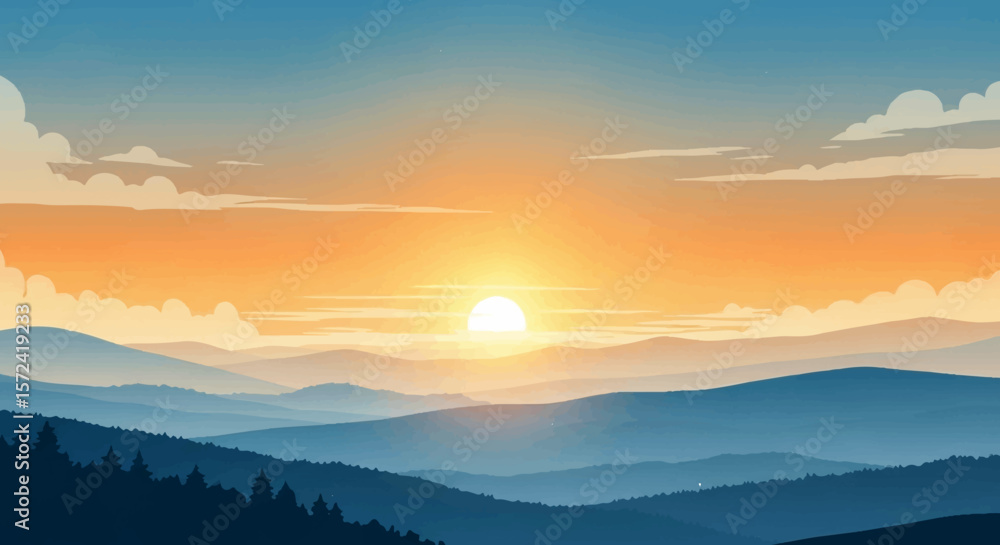 Golden August Morning Landscape with Misty Mountains and Warm Sunrise – Tranquil Minimalist Vector Background Golden August Morning Landscape with Misty Mountains and Warm Sunrise – Tranquil Minimalist Vector Background
