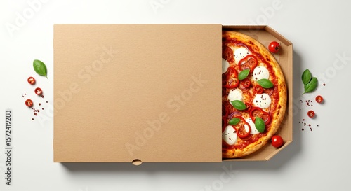 Photo of An open pizza box reveals a delicious margherita pizza with basil and tomatoes