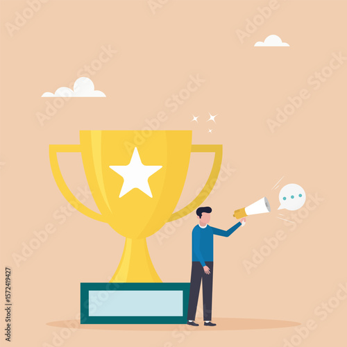 Telling a story or inspiring people, aspiration concept, success story to motivate people to develop. A guy tells a success story with a megaphone with a winner's trophy.	