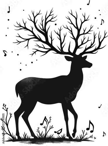 Vector art of silhouette of a deer with treelike antlers, standing in a field with musical notes, isolated on white background