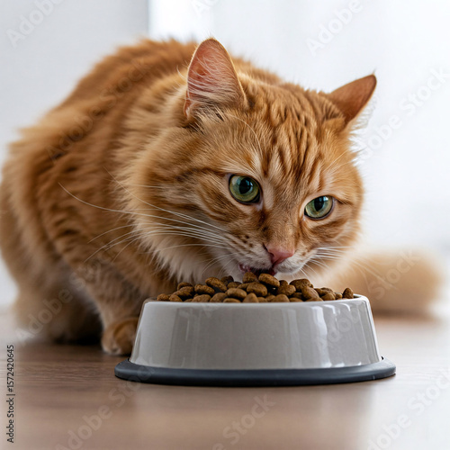 A ginger cat with fluffy white fur is eating food from a metal bowl.