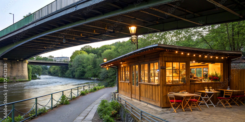 Fototapeta premium Riverside Café Nestled Beneath Charming Urban Bridge