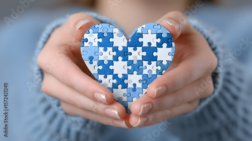 Wallpaper Mural Hands holding a heart-shaped puzzle piece symbol on a blue background, representing autism awareness, support, and inclusion. Ideal for healthcare, education, and advocacy themes Torontodigital.ca