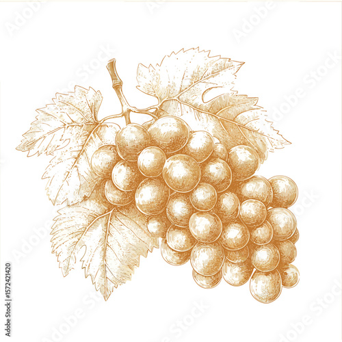 A vibrant cluster of fresh green grapes on a branch, perfect for a juicy autumn harvest illustration