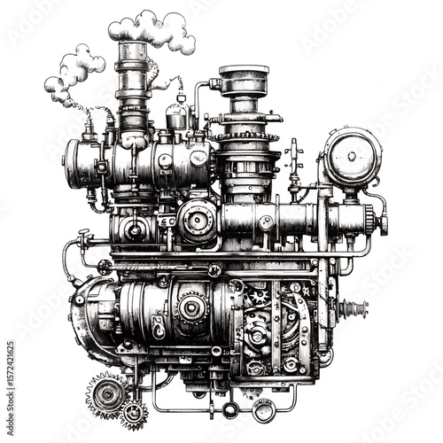 Old vintage steam engine locomotive, an industrial iron machine of power and technology
