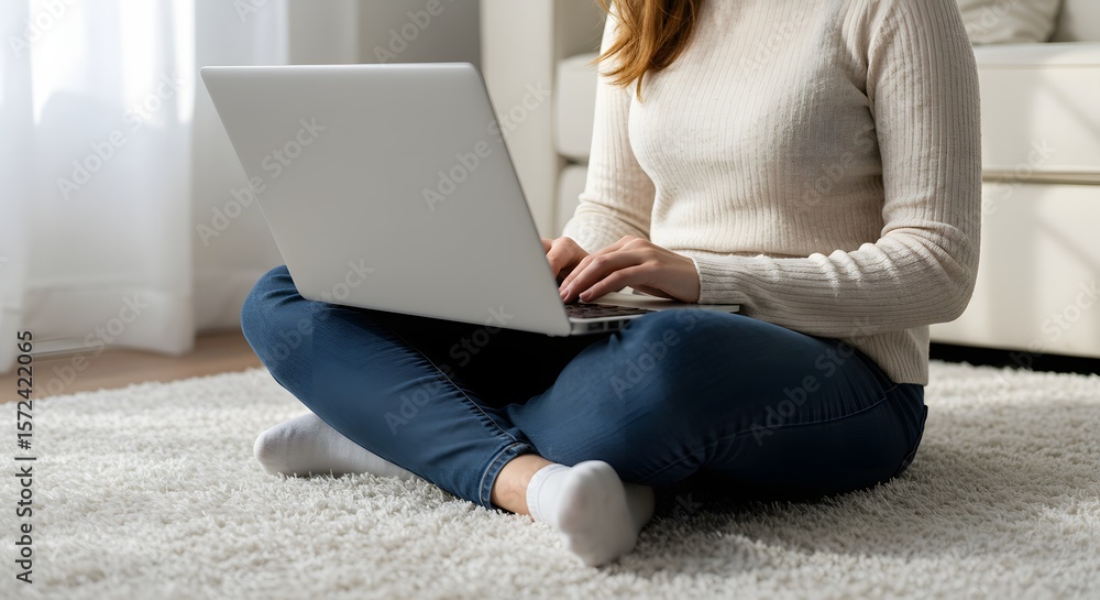 Naklejka premium Woman Typing on Laptop in Cozy Living Room Environment
