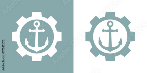 Logo nautical.  Silueta de ancla de barco con rueda dentada