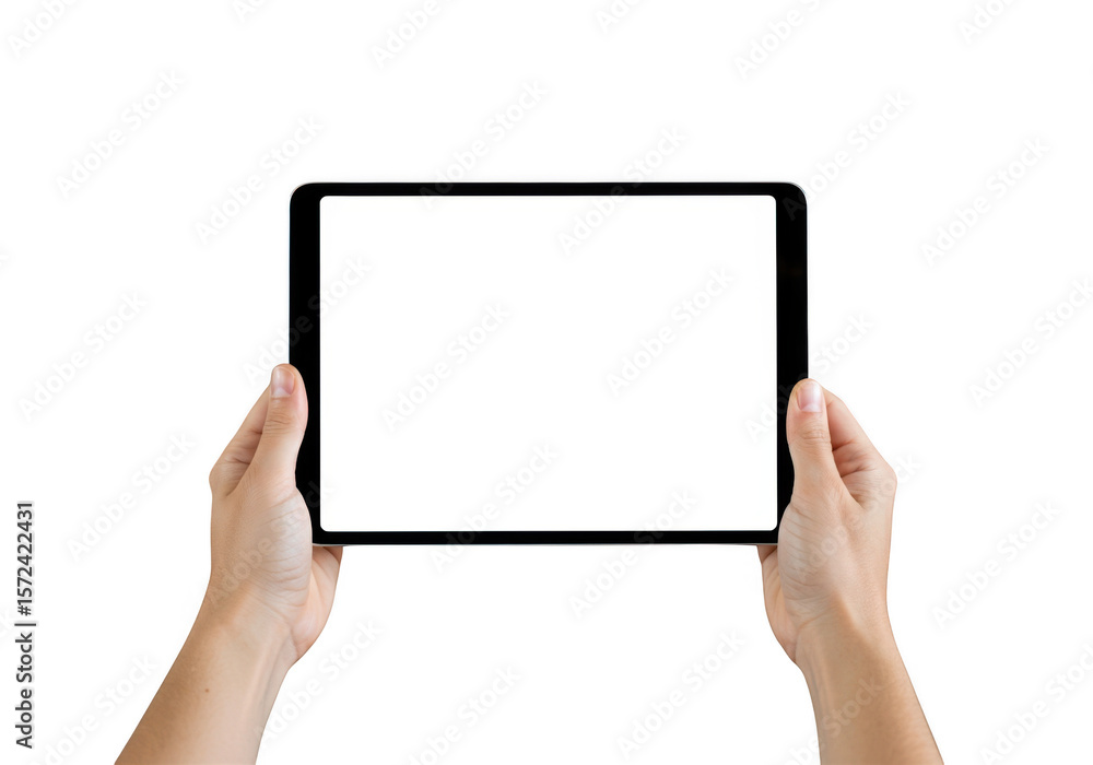 Hands holding a modern tablet device with a blank white screen isolated on transparent background Hands holding a modern tablet device with a blank white screen isolated on transparent background