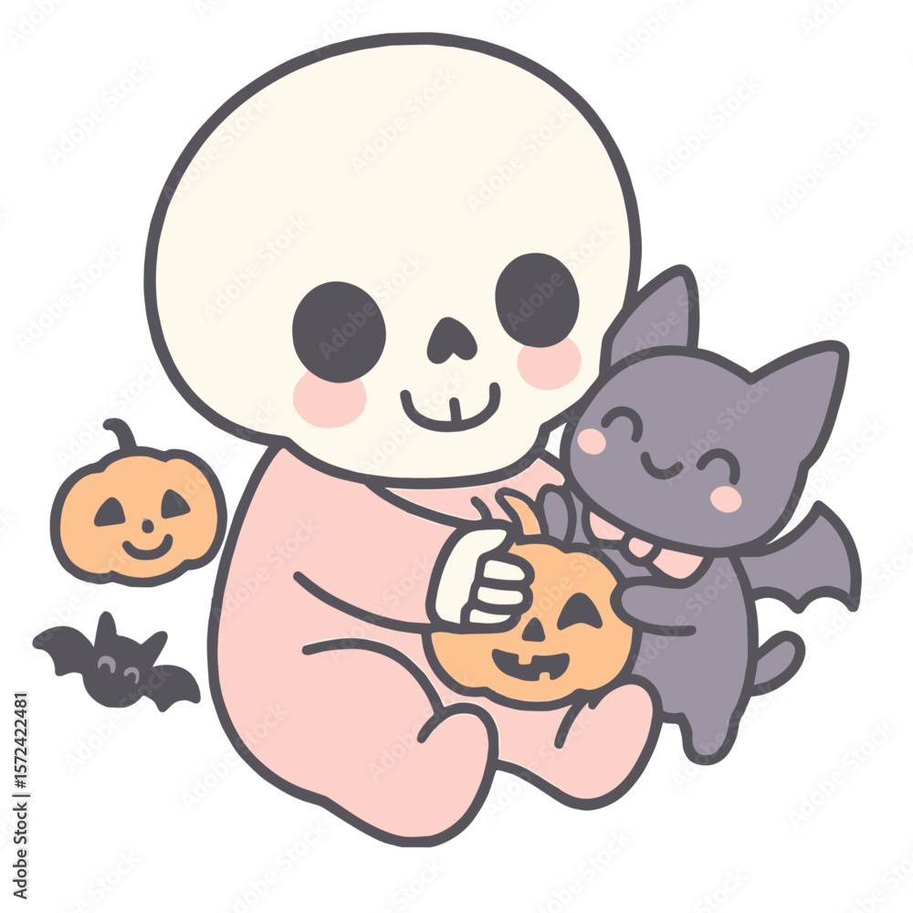Obraz premium Adorable Skeleton and Bat Friends with Pumpkins - Halloween Illustration
