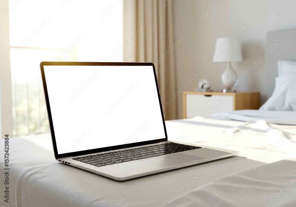 Fototapeta premium Photo of A laptop with a blank screen sits on a bed in a bright, modern bedroom