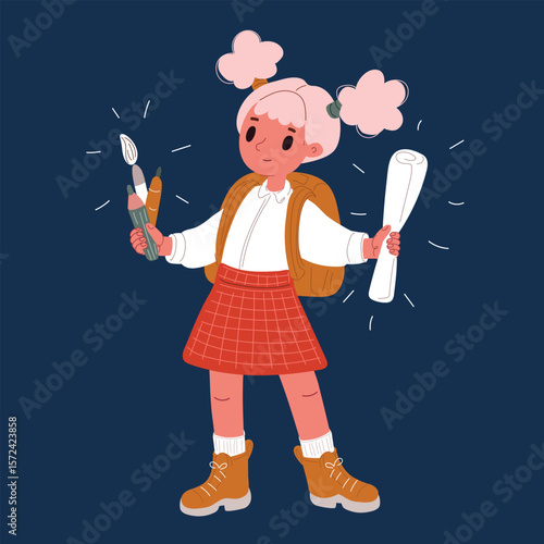 Cartoon vector illustration of a schoolgirl surrounded by stationery as a metaphor for unlocking potential through education and creative expression against dark background
