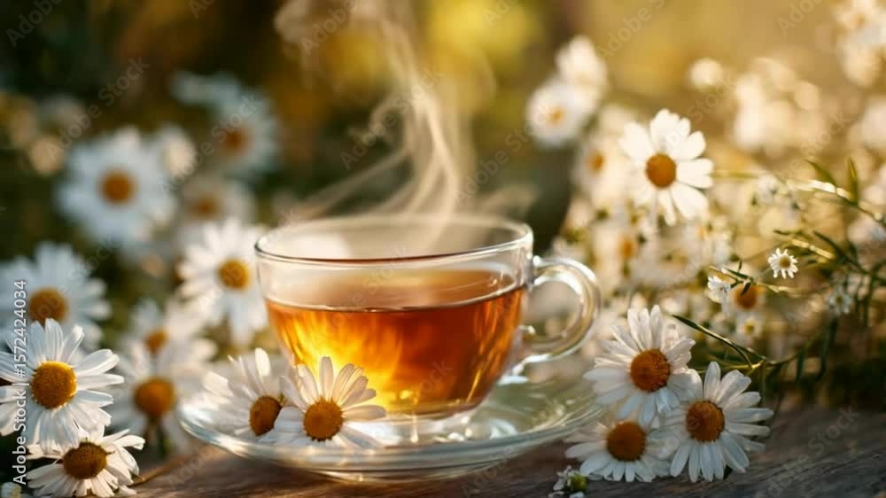 A cup of steaming tea stands on a wooden surface surrounded by delicate daisies, creating a serene and inviting atmosphere. A cup of steaming tea stands on a wooden surface surrounded by delicate daisies, creating a serene and inviting atmosphere.