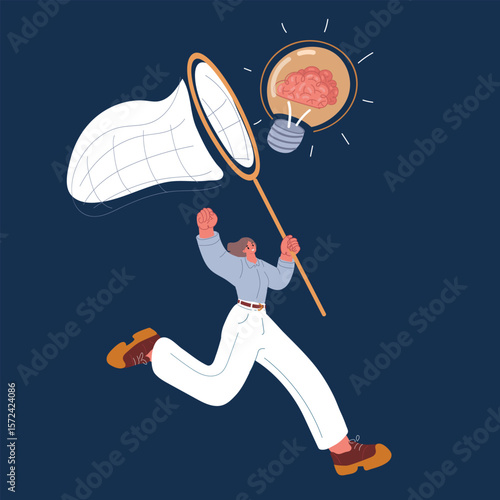 Cartoon vector illustration of a woman collecting floating ideas as a metaphor for harnessing inspiration and creative focus against dark background