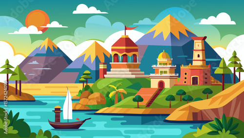 Vector art of an idyllic illustration showcases a serene coastal scene with majestic mountains, ancient temples, and a sailboat, evoking a sense of tranquility and exploration