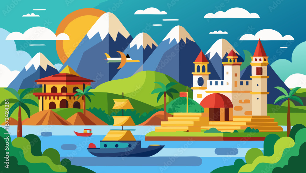 Obraz premium Vector art of a breathtaking view of a coastal city with a majestic castle, boats on the calm sea, and lush palm trees under a bright summer sky