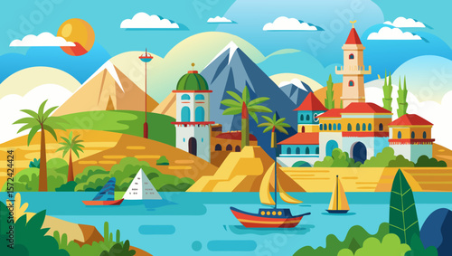 Vector art of a picturesque coastal city nestled between majestic mountains, with sailboats gliding on the calm sea under a vibrant summer sky