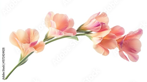 a freesia flower clipart, delicate floral shape, pastel tone and curved stem, isolated on white background