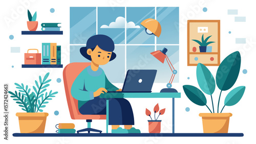 Vector art of a woman sits at her desk, working on her laptop in a home office setting, surrounded by plants