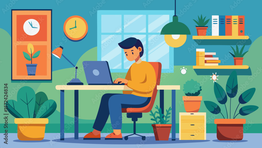 Fototapeta premium Vector art of a man sits at his home office desk, working on his laptop, surrounded by plants and a wellorganized workspace
