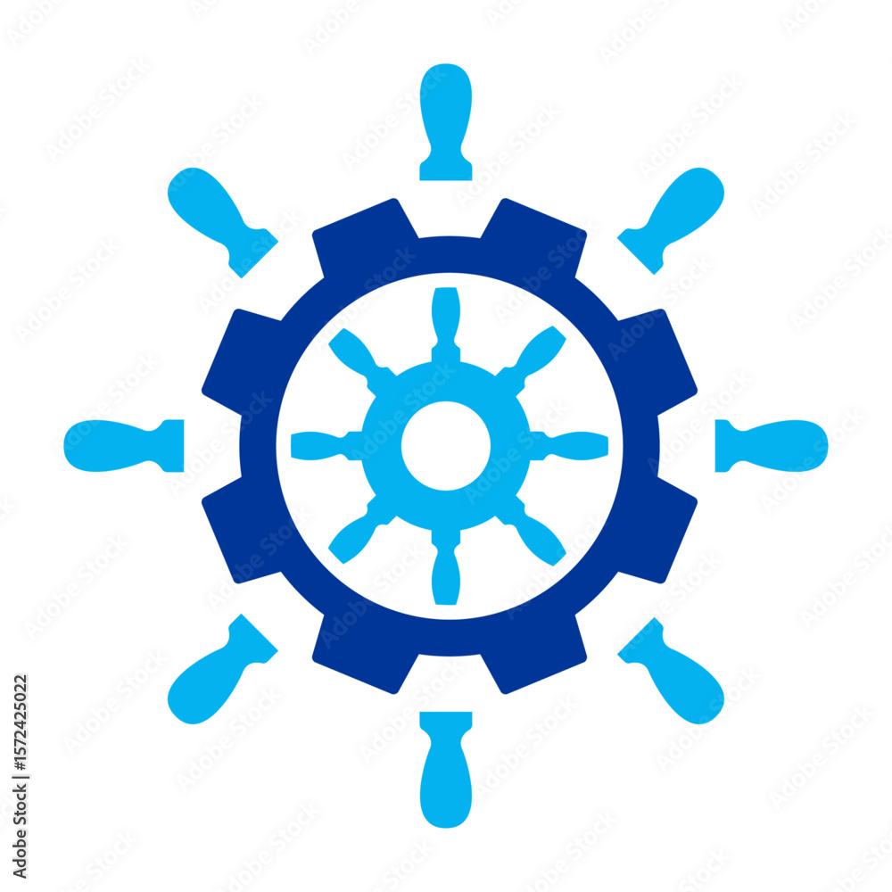 Logo nautical. Silueta de volante de timón de barco con rueda dentada en espacio negativo Logo nautical. Silueta de volante de timón de barco con rueda dentada en espacio negativo