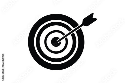 Black and white graphic of an arrow hitting the bullseye on a target symbolizing success and achievement