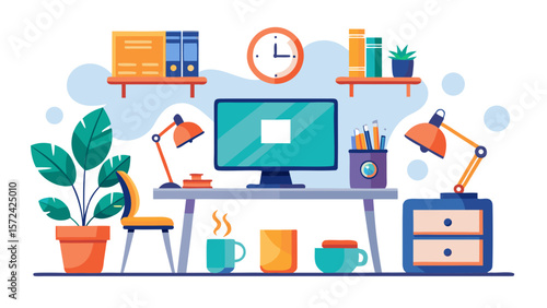 Vector art of a clean and organized workspace with a modern desk, computer, and various office supplies, creating a productive and stylish atmosphere