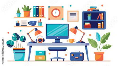 Vector art of a cheerful and efficient workspace is depicted, complete with a computer, desk lamp, headphones, and potted plants, creating a productive atmosphere