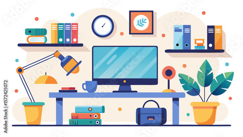 Vector art of a vibrant and organized workspace featuring a computer, desk lamp, books, and plants, creating a productive atmosphere